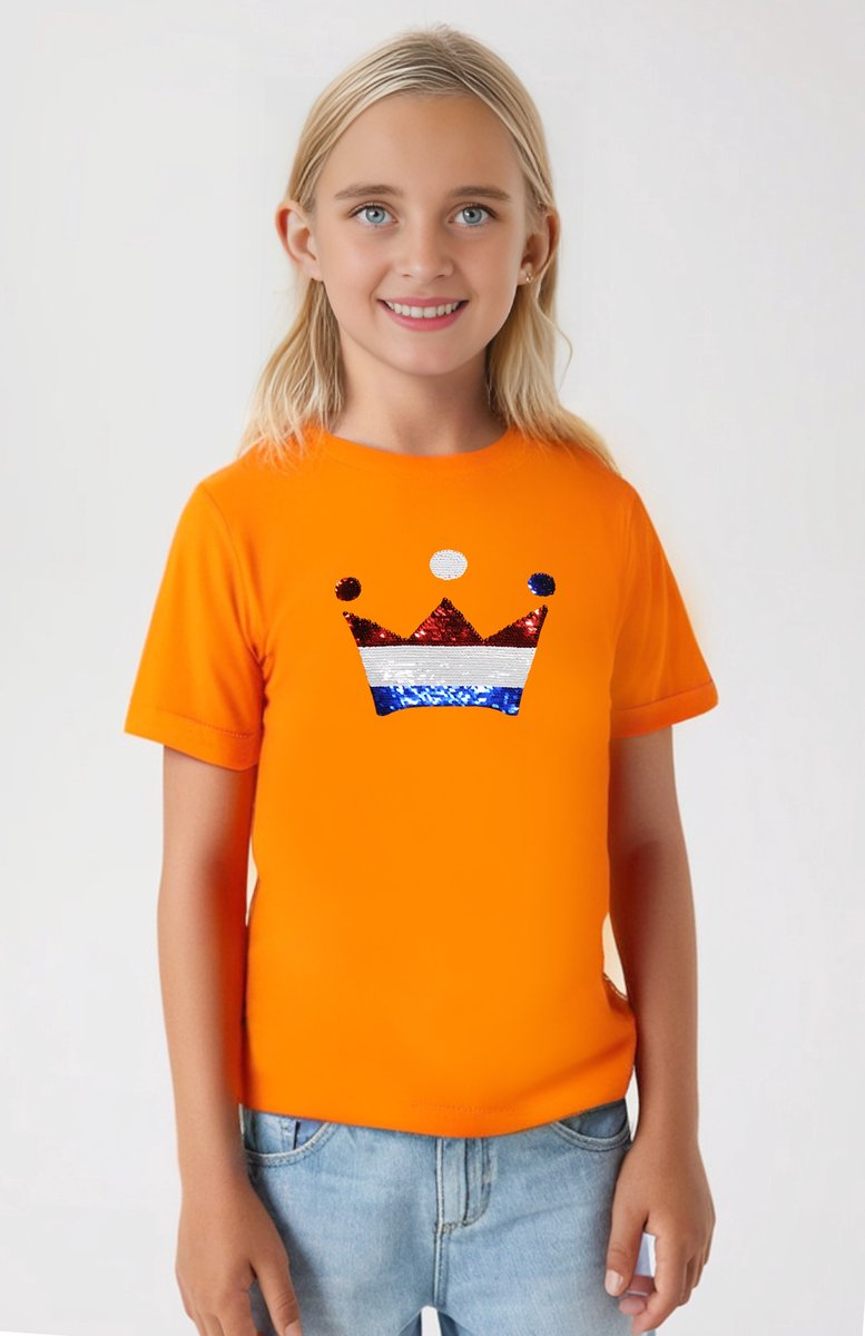 Oranje T-shirt kinderen Kroontje met magic sequence | Koningsdag | Holland | EK-WK-Olympische Spelen | Oranje | Kind 5-6 jaar | Maat 116